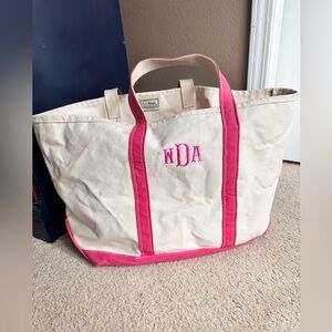 L.L. Bean Boat And Tote Bag Canvas Pink And Cream Womens Embroidered